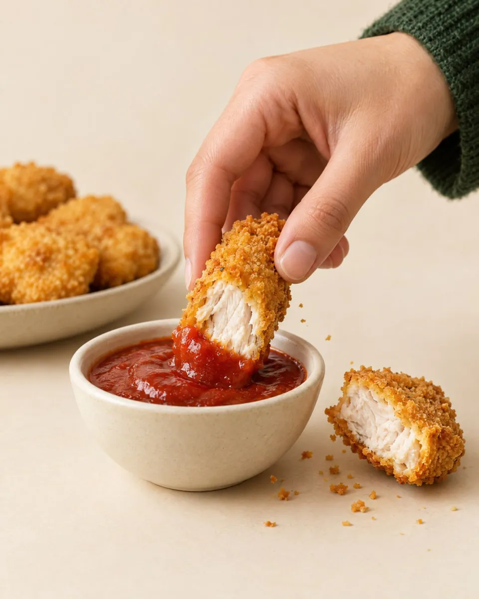 Nugget de pollo abierto mojándose en salsa de tomate