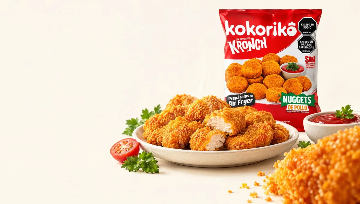 Plato de nuggets de pollo apanados recién hechos, con la bolsa de Congelados Kokoriko Kronch detrás, tomate, perejil y salsa