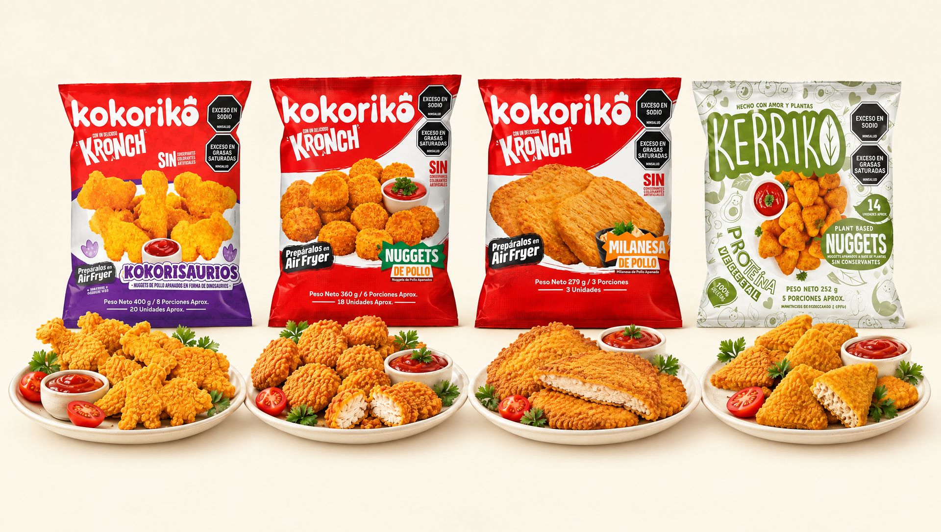 Bolsas de Kokorisaurios, nuggets y milanesa de Congelados Kokoriko y de nuggets Kerriko, cada una con su plato servido delante
